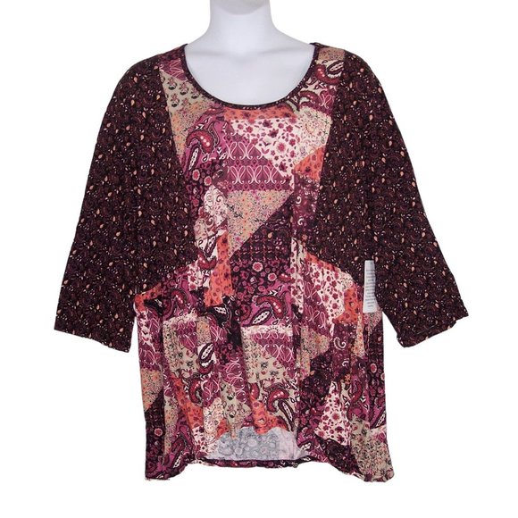 NEW Chelsea Studio Babydoll Tunic Top 30/32 3X Mixed Print Patchwork Mauve Wine - Picture 3 of 13